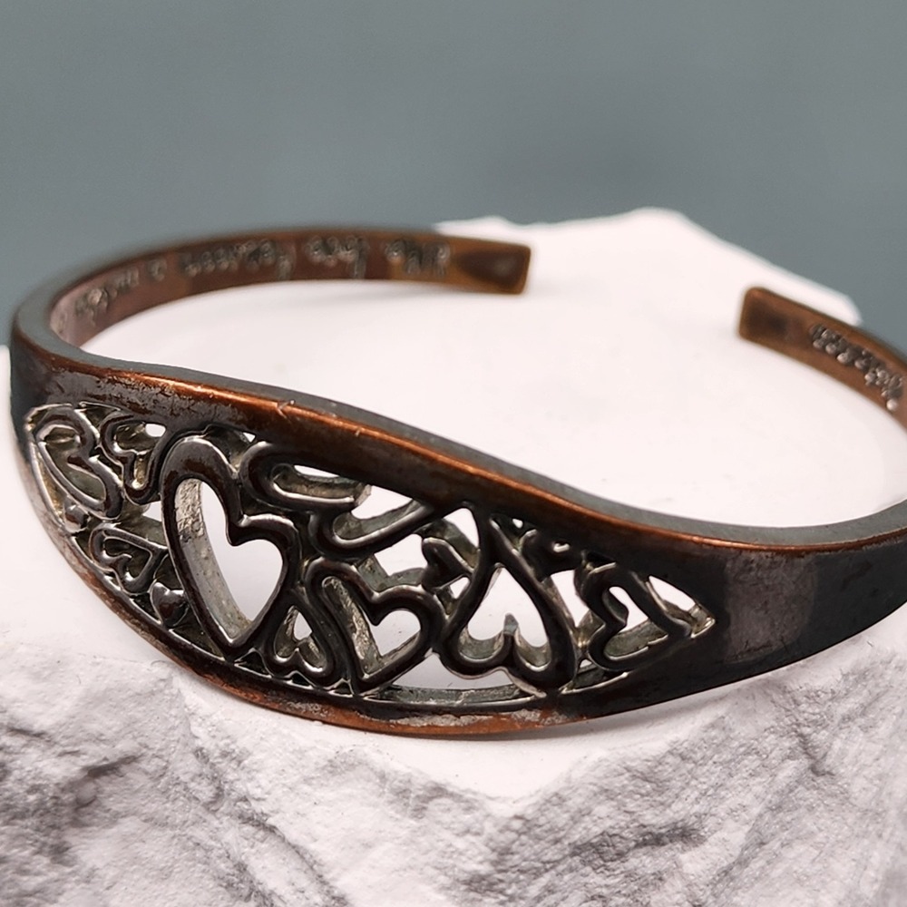 Mother Daughter Love Heart Cuff Bracelet Copper Silver Tone Openwork Sentiment